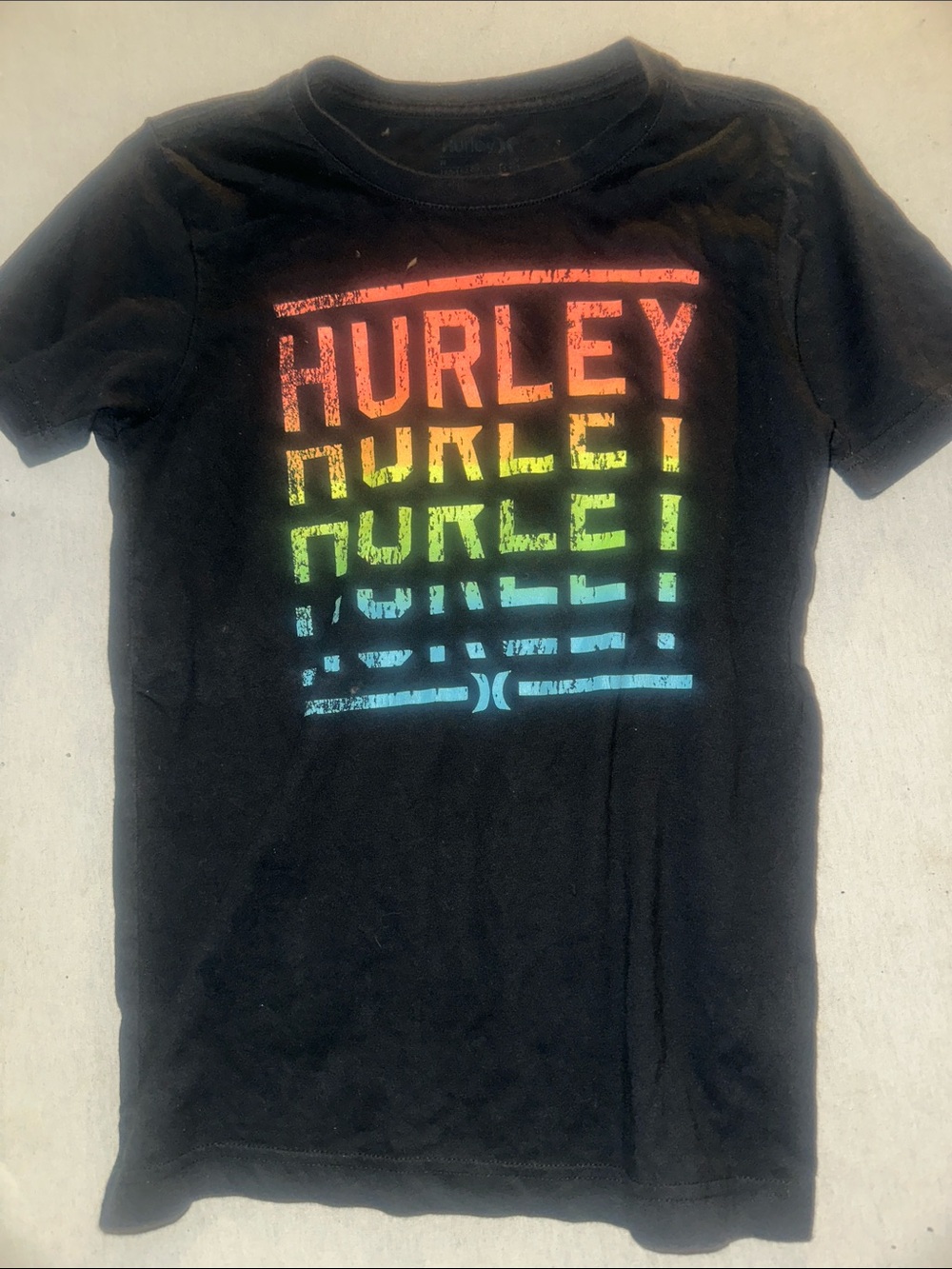 Kids Size M Hurley Black Tee with Rainbow Gradient Logo